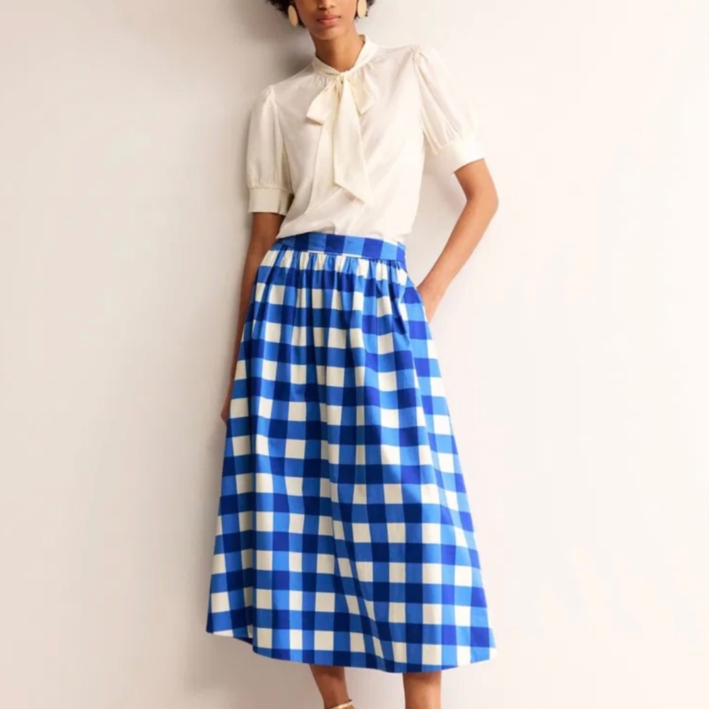 Boden Layla Cotton Sateen Skirt Blue and White Gingham Buffalo Check Midi Skirt
